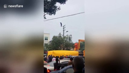 Alleged drunk man tight-rope walks on high voltage power lines