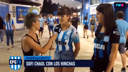 Sofi con los hinchas en el playón vs. Godoy Cruz
