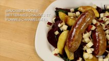 Saucisses rôties, betteraves chaudes et pommes caramélisées