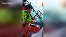 Heartwarming moment Thai fishermen rescue stranded turtle trapped in net