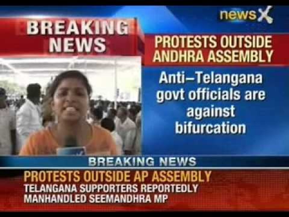 Protests outside Andhra Assembly. Anti Telangana government officials are against bifurcation.