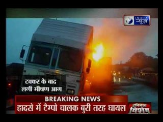 गुजरात में भीषण सड़क हादसा, टक्कर के बाद कंटेनर में आग लगी