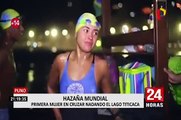 Puno: deportista brasileña cruzó nadando el Titicaca para alertar sobre contaminación
