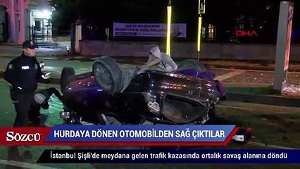 Hurdaya dönen otomobilden sağ çıktılar