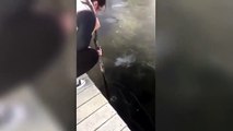 Une fille essaye de briser la glace d’un lac à l’aide d’un bâton... Mauvaise idée !