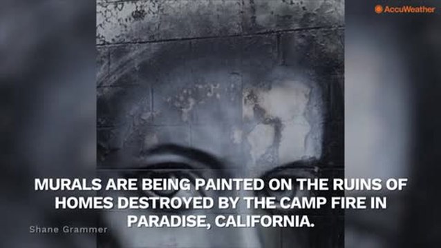 Murals being painted on the ruins of the Camp Fire