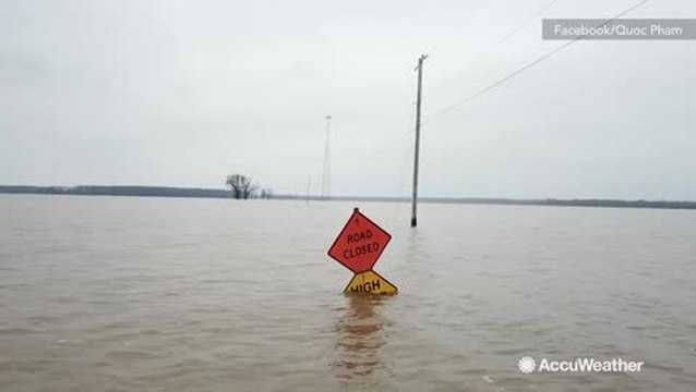 Incredible drone of widespread flooding and road swallowed