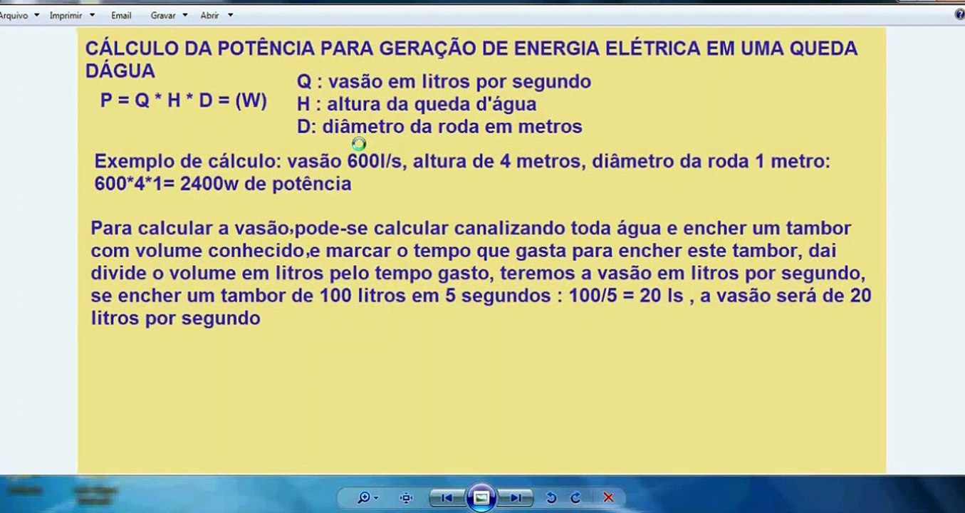 Calculo de Potência de Queda D'água para Geração de Energia Elétrica