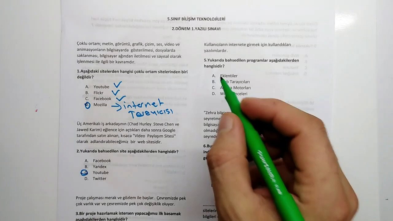 5.SINIF Bilişim Teknolojileri 2.Dönem 1.Yazılı Soruları ve Çözümü 2019