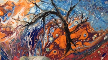 Fluid acrylic Pour ~ windswept tree ~ dirty pour, swiping and drawing.