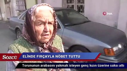 Torununun arabasını yakmak isteyen genç kızın üzerine saksı attı