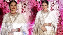 Rekha looks stunning in shimmery  White Saree at Akash Ambani's Reception | Boldsky