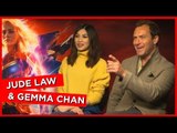 'You're damn right I do!': Jude Law and Gemma Chan talk wearing their own Captain Marvel merch!