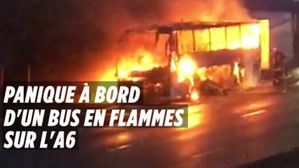 Des étudiants paniqués s'extirpent d'un bus en flammes sur l'A6