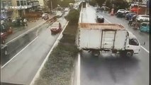 Out-of-control lorry swerves and smashes through embankment on Chinese town road