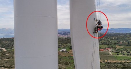 Rüzgar Türbinlerinin Bakım ve Onarımını Yapan İşçiler Metrelerce Yükseklikte Cambazları Aratmıyor