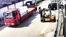 Helmet saves scooter driver’s life after his head bumps into forklift
