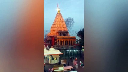 Birds flock in spiral formation around Hindu temple