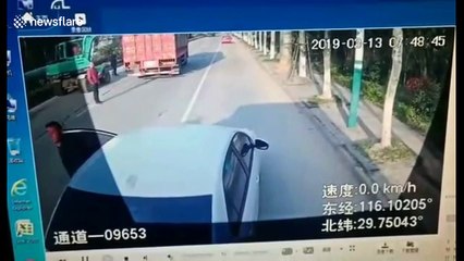 Motorist brakes in front of bus so his wife can get on