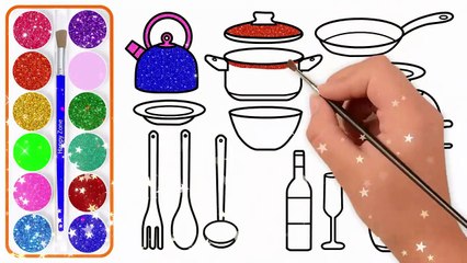 Vẽ và tô màu Dụng cụ Bếp - Bé Học Tô Màu - Glitter Kitchen Tools Coloring Pages