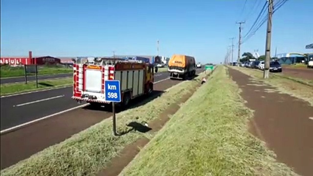 Pneu de carreta carregada com papel pega fogo na BR-277