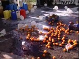 Agricultores y ganaderos vierten leche y tiran naranjas ante el Ministerio de Agricultura