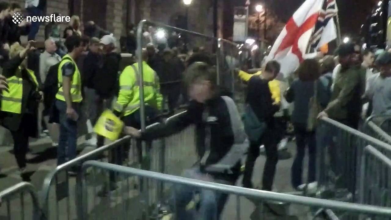 March To Leave protestor hit in the face by a shaking fence