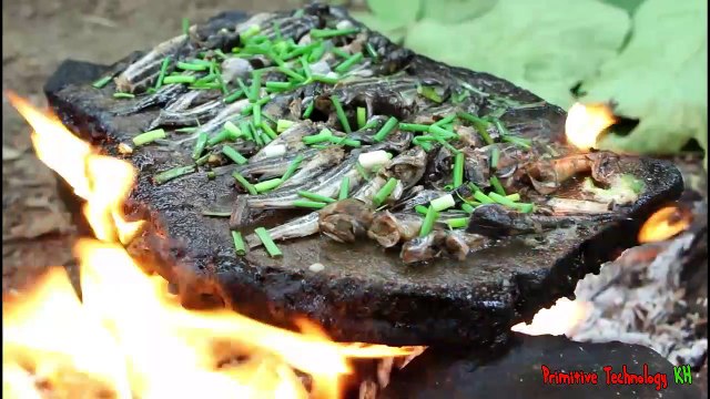 La Technologie Primitive - Manger de délicieux la Cuisson d'un poisson sur un rocher et de manger