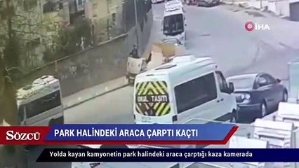 Download Video: Yolda kayan kamyonetin park halindeki araca çarptığı kaza kamerada