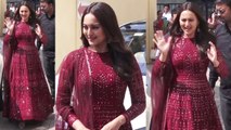 Sonakshi Sinha looks beautiful in a wine coloured Falguni and Shane Peacock outfit | Boldsky