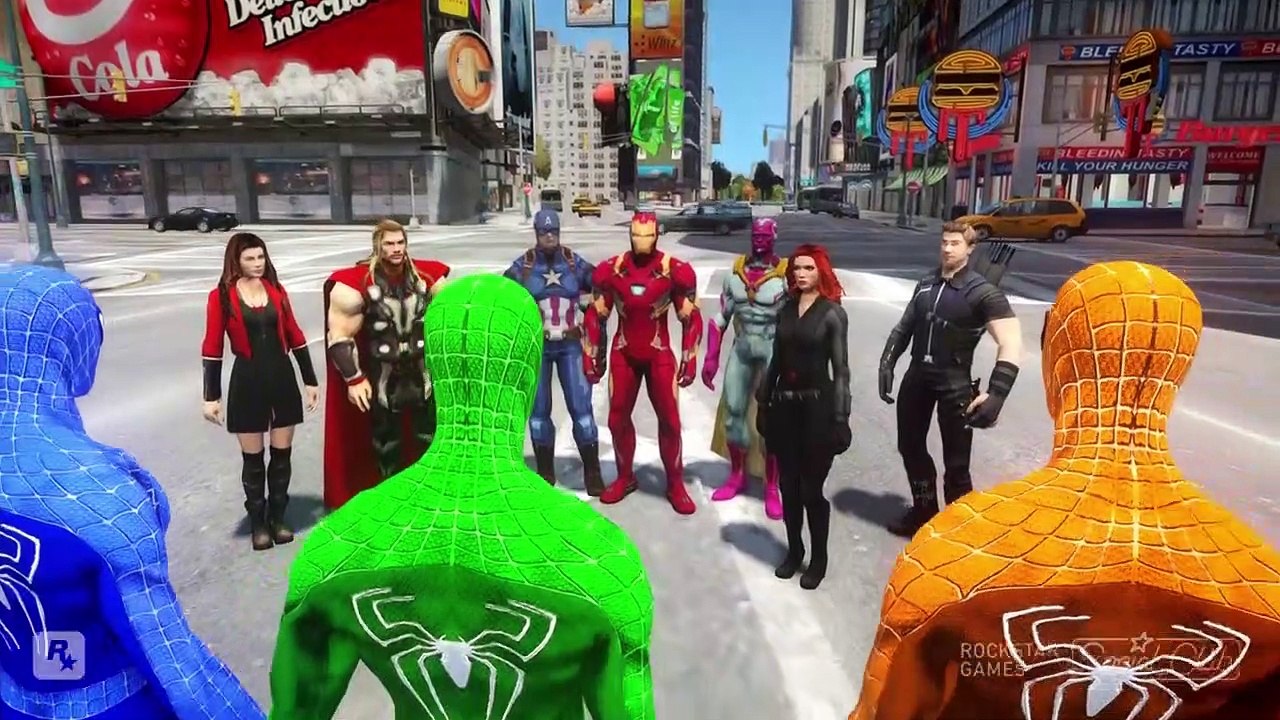 THE AVENGERS VS SPIDER-MAN, GREEN SPIDERMAN, BLUE SPIDERMAN, ORANGE SPIDERMAN, BLACK SPIDERMAN