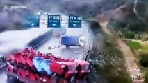 Massive pile-up after truck loses control on slippery Chinese motorway
