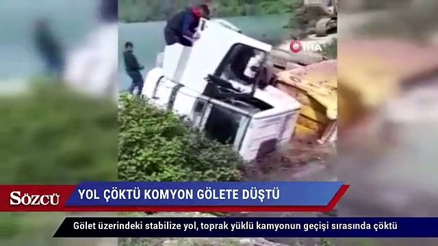 İlginç manzara! Yol çöktü kamyon gölete düştü!