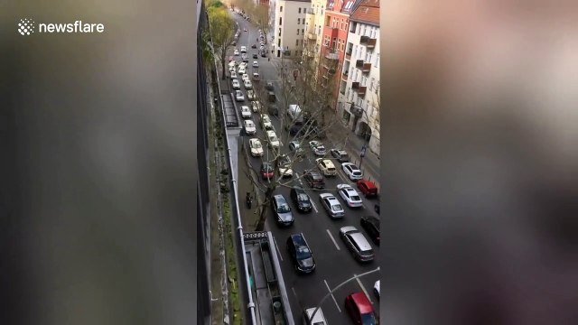 Berlin taxi drivers cause gridlock in protest against Uber