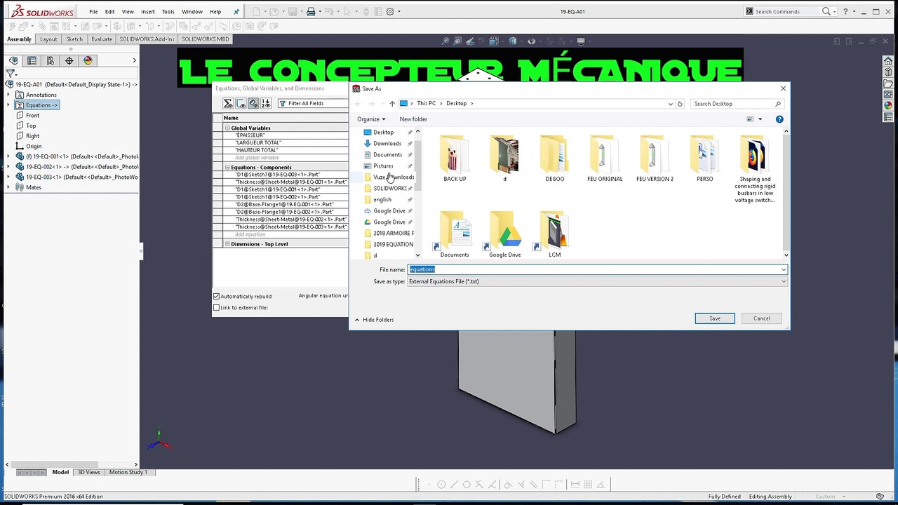 LCM - SOLIDWORKS FRANCAIS – LES EQUATIONS 2019 PARTIE 6 - LIER A UN FICHIER TEXTE (.TXT)