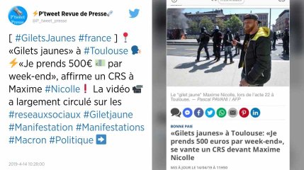 Gilets jaunes : un CRS nargue Maxime Nicolle en disant gagner "500 euros par week-end"