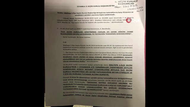 AK Parti Maltepe ile ilgili birleştirme tutanaklarına hukuka aykırı olduğu gerekçesiyle itiraz etti. AK Parti tarafından İstanbul İl Seçim Kuruluna sunulan dilekçede Maltepe’deki sandıkların yeninden sayılması talep edildi.