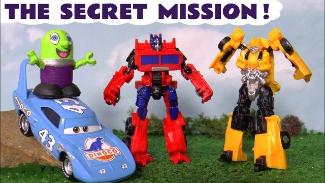 Transformers Cyberverse Autobots Secret Mission with Disney Pixar Cars 3 King and Funny Funlings where Bumblebee and Optimus Prime must rescue a mystery character with initials KF