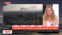 Violent incendie en cours sur le toit de la Cathédrale Notre Dame de Paris avec des flammes qui s'élèvent dans la ciel de la capitale