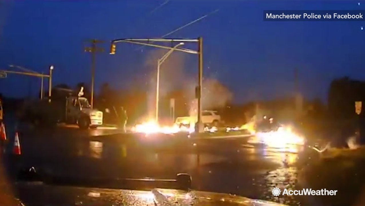 Power line snaps in half igniting into raging fire