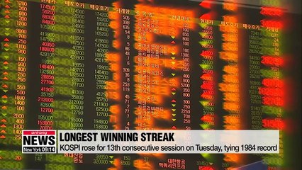 KOSPI rises for 13 consecutive sessions on Tuesday, marking its longest winning streak