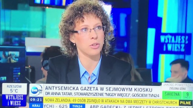 Anna Tatar z NIGDY WIĘCEJ o sprzedaży antysemickich gazet w kioskach Ruchu i Sejmie, 15.03.2019.