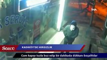 Cam kapıyı tuzla buz edip bir dakikada dükkanı boşaltan hırsızlar kamerada