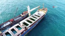 Şile'de karaya oturan gemiyi kurtarma çalışmalarında son durum havadan görüntülendi