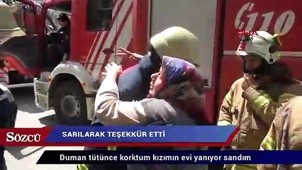 Yangını söndüren itfaiye erlerine sarılarak teşekkür etti