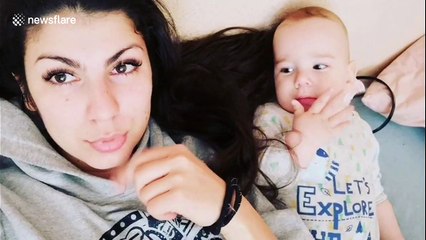 Adorable moment baby learns how make funny noise from his mother