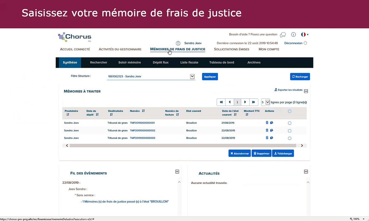 Chorus Pro V2 - Saisir un mémoire de frais de justice