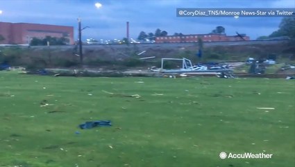 Debris strewn across school soccer fields following tornado in Ruston, LA