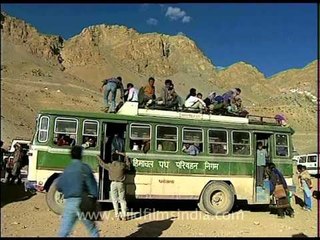 A tourist bus for the Kalachakra devotees near Kaza, Himachal