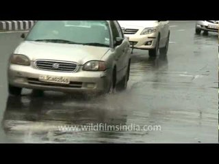 Smart mahout on elephant's back escapes splash puddles in Delhi traffic